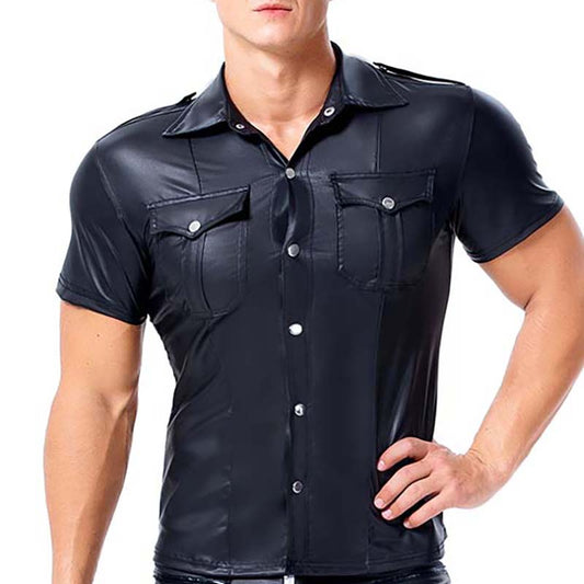 Camisa de Cuero Entallada Manga Corta para Hombre