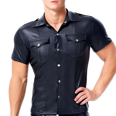 Camisa de Cuero Entallada Manga Corta para Hombre