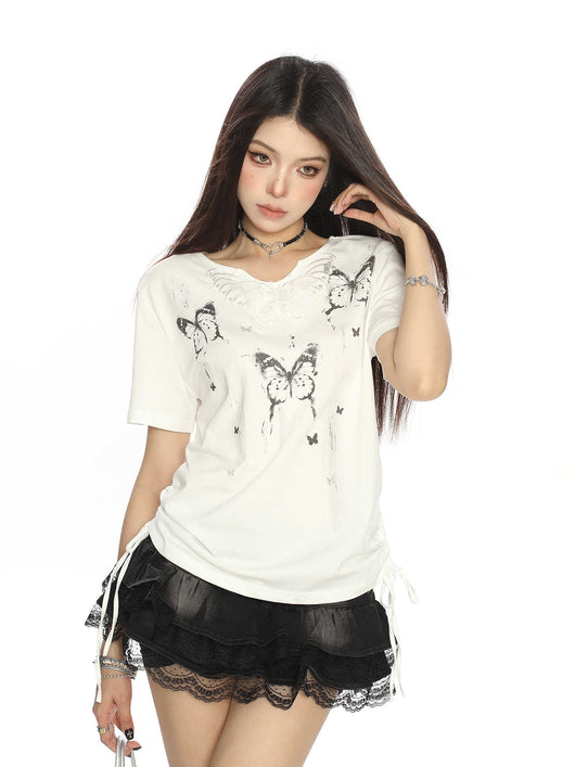 Playera Coreana Estampado Mariposa Tinta en Hombro - Image 11