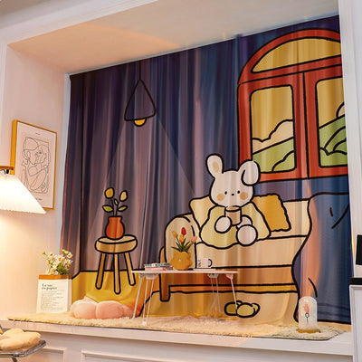 Printed Velcro cabinet curtain with a cartoon oil painting of white and yellow tulips under a light blue sky with clouds and a crescent moon. - Image 5