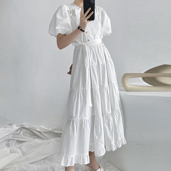 Vestido Elegante para Mujer Cuello Redondo Manga Abullonada Cintura Alta