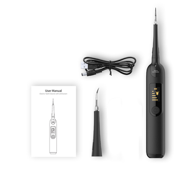 Black electric dental scaler kit with LED screen, dental pick, mirror, polishing head, and USB cable for home use. - Image 5