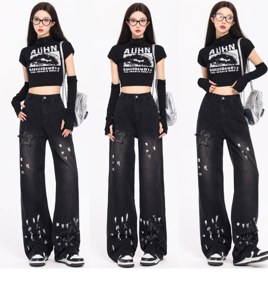 Jeans Retro Coreano XINGX Bordados Talle Alto Pierna Ancha Invierno