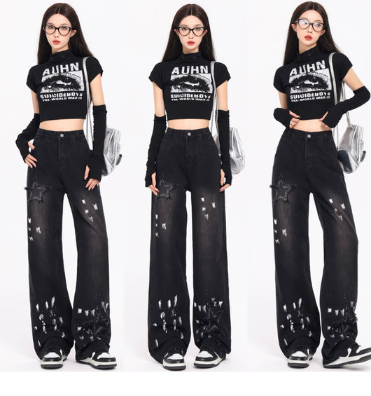 Jeans Retro Coreano XINGX Bordados Talle Alto Pierna Ancha Invierno