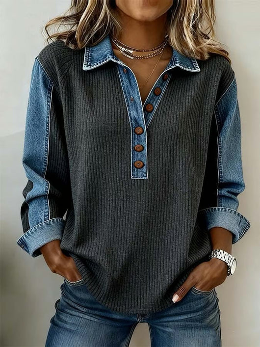 Suéter Denim Patchwork con Cuello Solapa - Estilo Europeo Oversize - Image 9