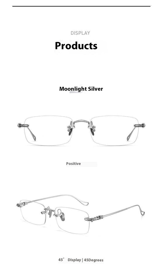 Silver rimless reading glasses with clear lenses held by a hand, featuring decorative temples and smart zoom technology. - Image 12