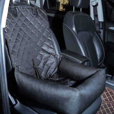 Brown and white patterned pet car seat with black trim and handles, designed for comfortable and secure pet travel. - Image 3