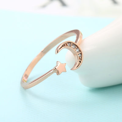 Anillo Abierto de Oro Rosado con Luna y Estrella para Mujer - Cristal Cubic Zirconia - Image 11