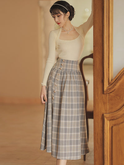 Conjunto Falda Cuadrille Retro Elegante - Blusa y Falda Plisada de Temperamento - Image 6