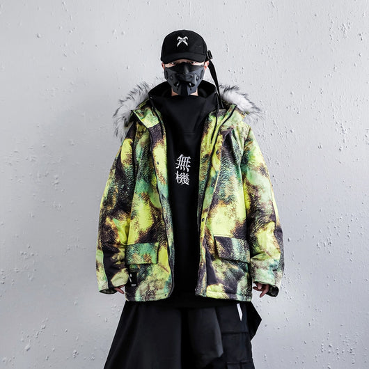 Abrigo de Invierno Hombre Talla Grande Tie-Dye Algodón con Cuello de Piel - Image 12