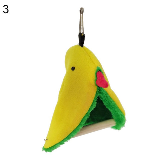 Colorful blue and pink fleece bird hammock nest with a small bird peeking out, hanging by metal clips. - Image 10