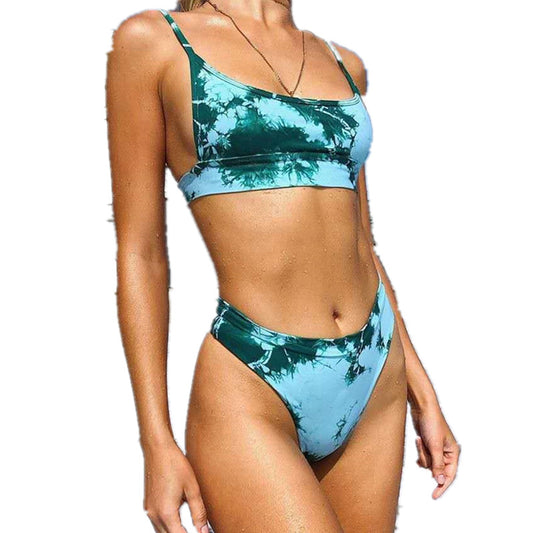 Women's black and white tie-dye two-piece swimsuit with a scoop neck bralette top and high-cut bottom. - Image 2