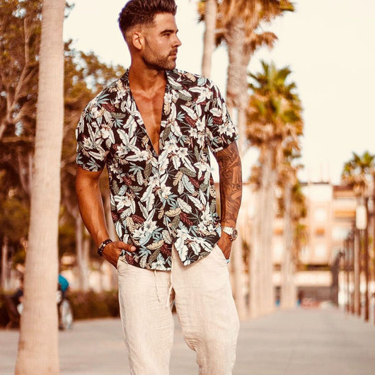 Camisa Manga Corta con Estampado de Hojas Pequeñas