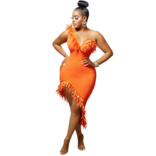 Vestido Midi Escote V sin Mangas con Detalle de Plumas - Image 10
