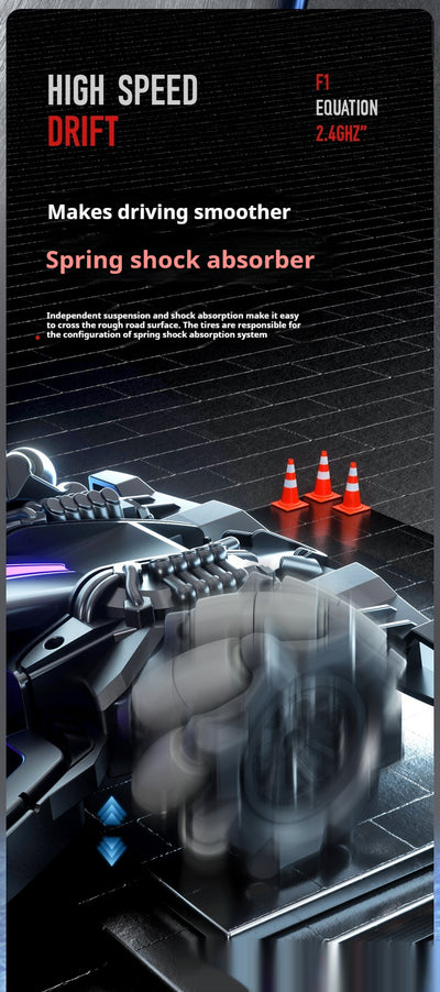 Black and purple remote control stunt car with LED lights and omnidirectional wheels, shown with its remote control and accessories. - Image 8