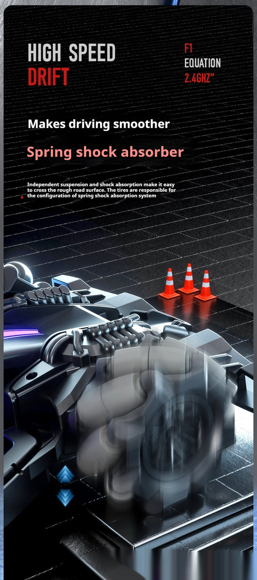 Black and purple remote control stunt car with LED lights and omnidirectional wheels, shown with its remote control and accessories. - Image 8