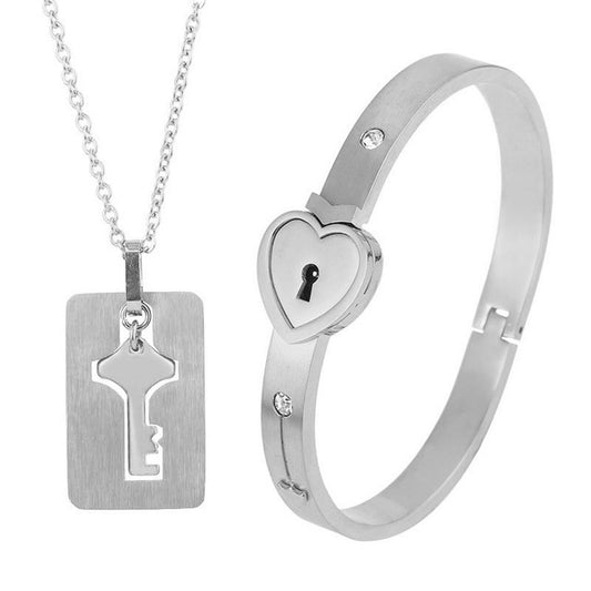 Conjunto de Joyas para Pareja de Acero de Titanio - Pulsera de Candado y Collar de Llave - Image 2