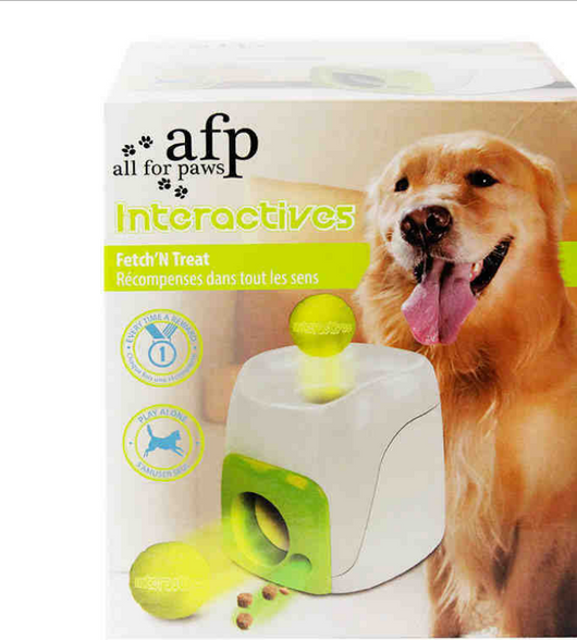 AFP Fetch'N Treat interactive dog toy, a white and green machine that dispenses treats with a tennis ball. - Image 6