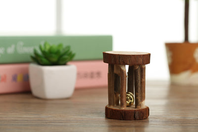 Set of natural wooden hamster toys including dumbbell shapes, a spherical bell toy, and two cylindrical bell toys, with a hamster. - Image 15