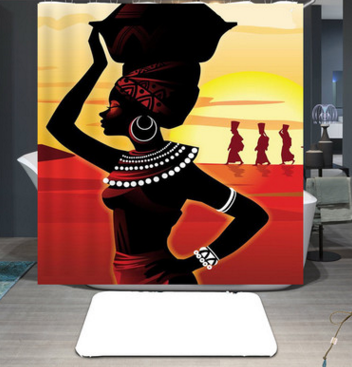 Shower curtain with an illustration of an African woman carrying a pot on her head against a sunset background. - Image 2
