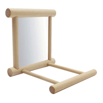 Natural wood bird stand with a double-sided mirror, featuring perches and metal hooks for small birds.