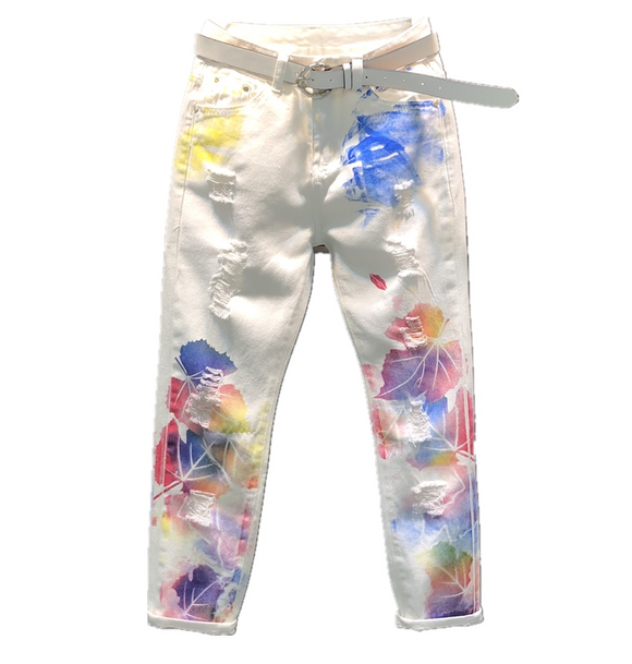 Pantalones Vaqueros Rectos con Estampado Floral y Stretch