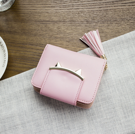 Billetera Compacta para Mujer con Diseño de Orejas de Gato, Cuero Genuino y Borlas - Image 12