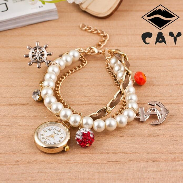 Reloj Pulsera Dama Perla y Ancla - Diseño Circular Elegante