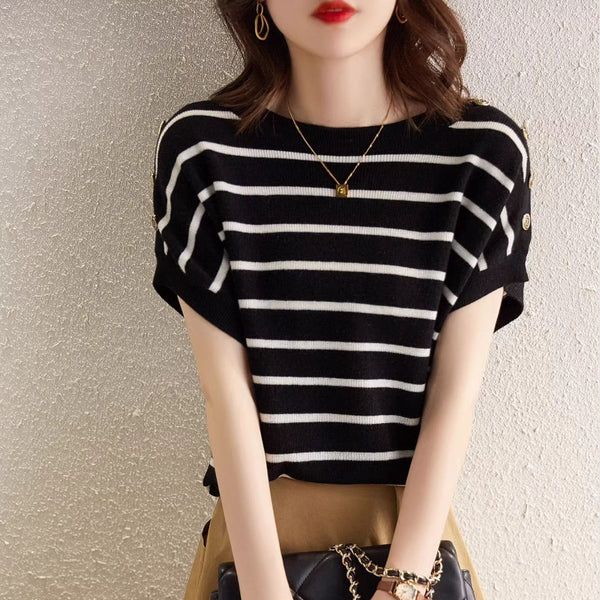 Blusa Rayada Ice Silk Manga Corta Ajustada y Cubriente