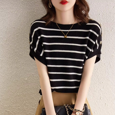 Blusa Rayada Ice Silk Manga Corta Ajustada y Cubriente