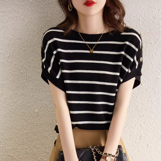 Blusa Rayada Ice Silk Manga Corta Ajustada y Cubriente
