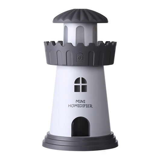 Blue and white lighthouse-shaped mini humidifier with a power button, decorative windows, and a door. - Image 6