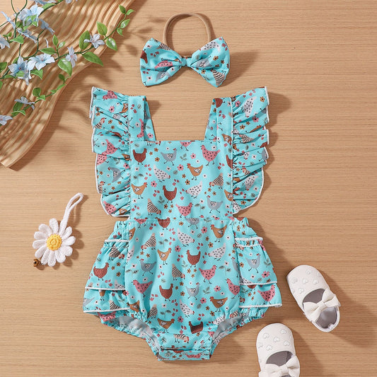 Vestido Infantil Pollo Cartoon con Mangas Volantes