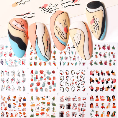 Calcomanías de Arte para Uñas con Diseños de Hojas y Caracteres