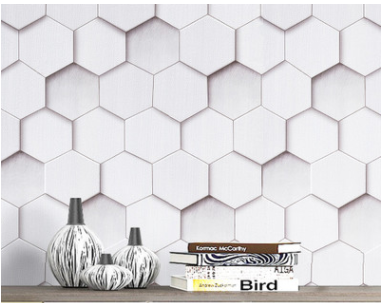 Roll of peel and stick wallpaper with a white and light gray geometric hexagonal pattern, creating a 3D effect. - Image 5