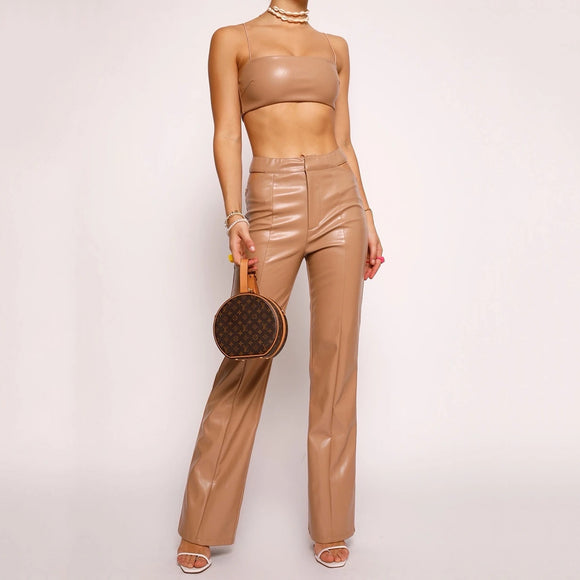 Conjunto de Dos Piezas: Chaleco de Cuero PU y Pantalón Recto para Mujer