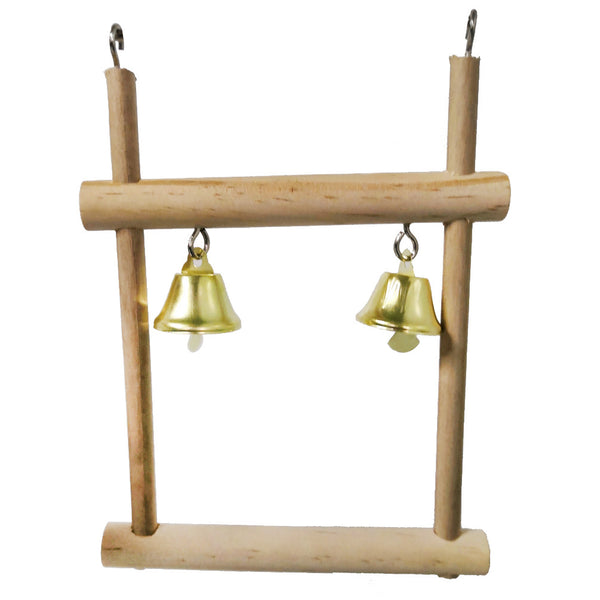 Natural solid wood bird stand with two golden bells, featuring a horizontal perch and two vertical supports. - Image 10
