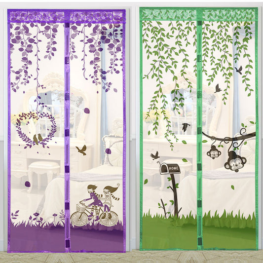 Purple magnetic mosquito curtain with a playful design featuring monkeys, birds, and leaves, installed in a doorway.