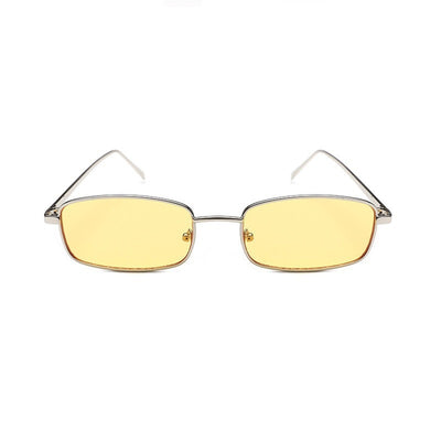 Retro gold metal frame sunglasses with light brown rectangular lenses, displayed on a white surface. - Image 8