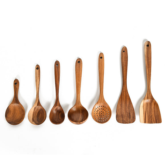 Set de Utensilios de Cocina en Madera de Teca Natural - 7 Piezas