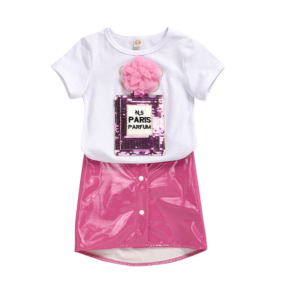 Conjunto Infantil con Top Bordado de Lentejuelas y Falda de Cuero Elástico