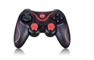 Black wireless Bluetooth gamepad with red accents, featuring a D-pad, analog sticks, and face buttons, shown with a detachable black smartphone clip.