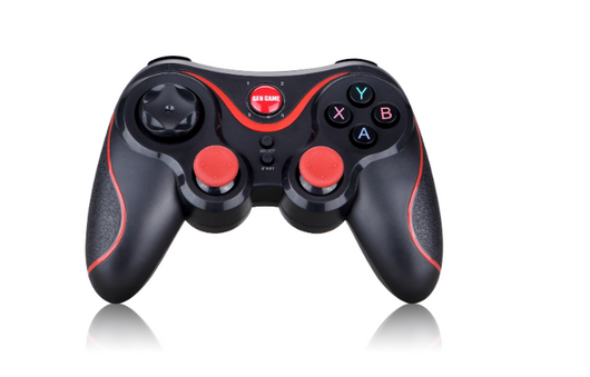 Black wireless Bluetooth gamepad with red accents, featuring a D-pad, analog sticks, and face buttons, shown with a detachable black smartphone clip.