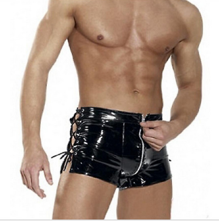Pantalones cortos de cuero charol para hombre con cierre lateral azul