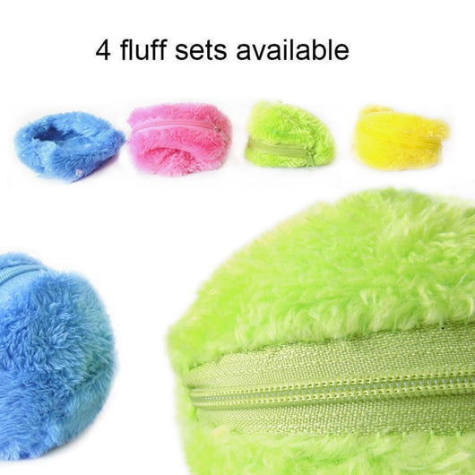 Black electric pet toy ball with four colorful plush covers in blue, pink, green, and yellow. - Image 3