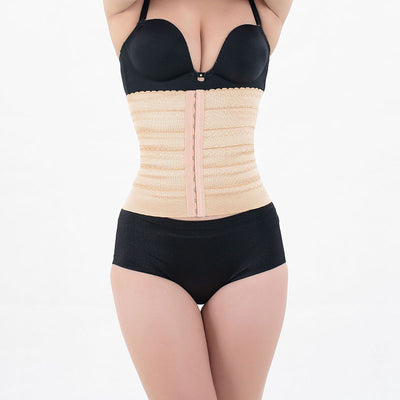 Beige waist trainer with hook-and-eye closures worn by a woman, designed for slimming and body shaping. - Image 4