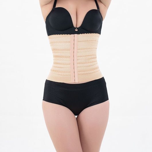 Beige waist trainer with hook-and-eye closures worn by a woman, designed for slimming and body shaping. - Image 4