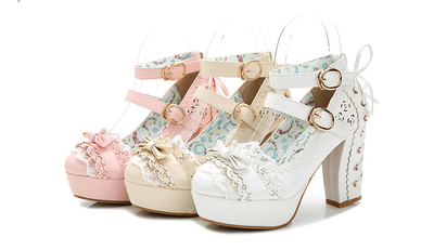 Zapatos Mary Jane de Tacón Alto Princesa Japonesa Otoño Impermeables con Lazo