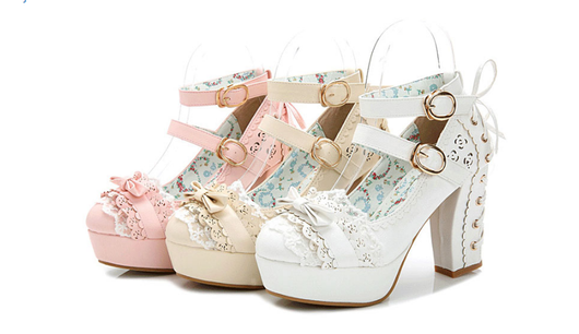 Zapatos Mary Jane de Tacón Alto Princesa Japonesa Otoño Impermeables con Lazo