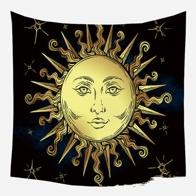 Golden crescent moon and woman silhouette tapestry with a floral crown against a dark blue starry background. - Image 28